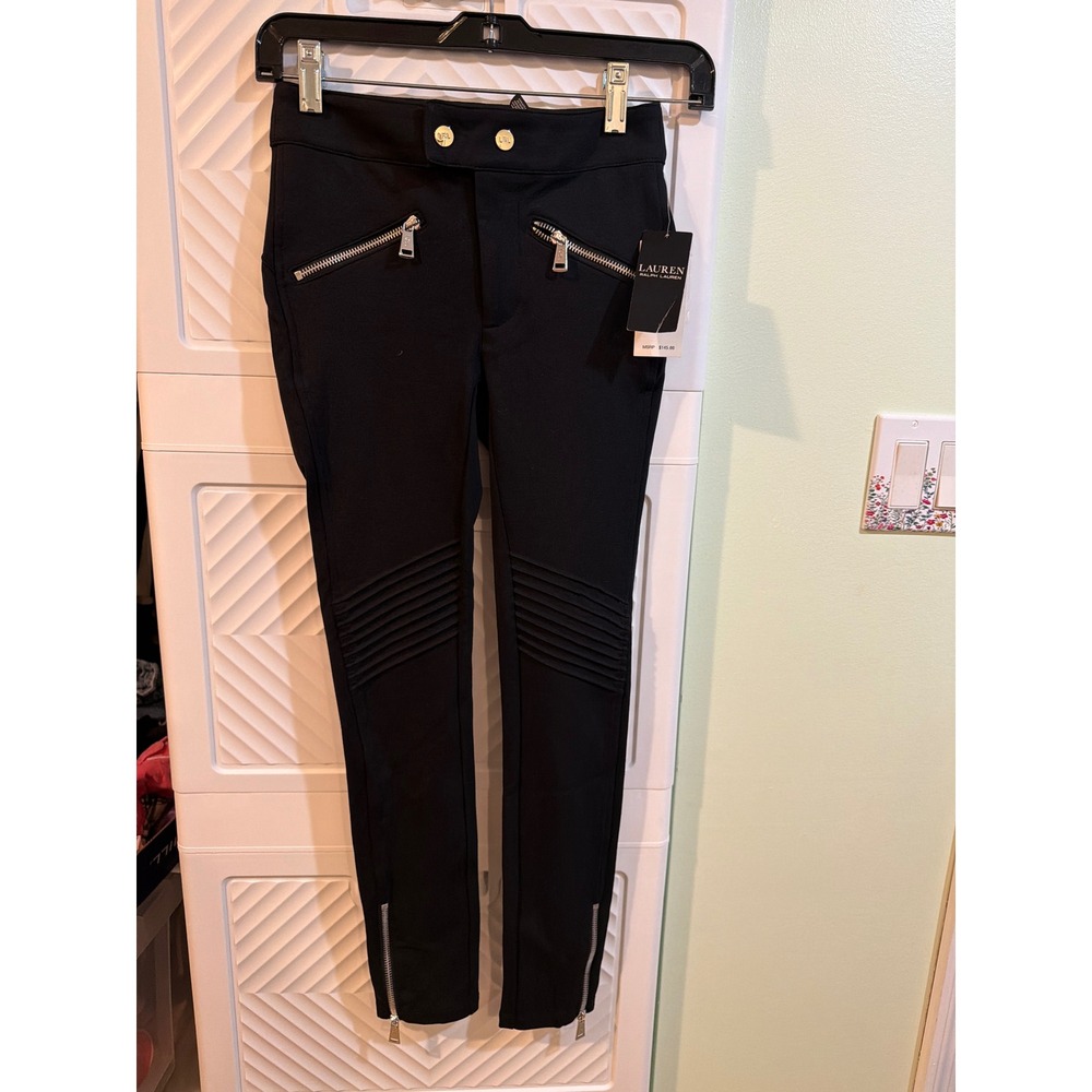 Lauren Ralph Lauren Black Moto Skinny Pants Silver Zip‎ XXS Holiday 24
